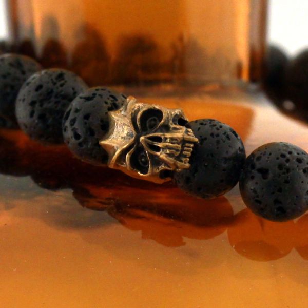 Lavastein Gummizug Armband "EVILSKULL" Bronze Lavsteinkugeln 200 mm by JJJ LA