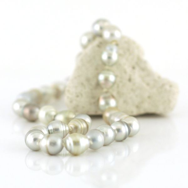 Thaiti-Zuchtperl-Collier Barock Silber/Grau/Grün 585er Gelbgold Verschluß 45 cm