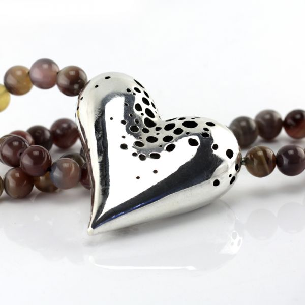 Jaspis Collier mit großen Silberherz Goldschmiedekunst 925er Silber Handarbeit