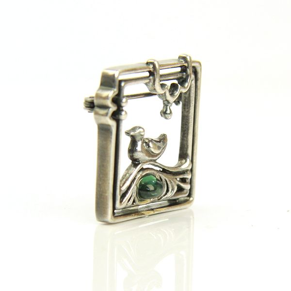 Antike 925er Silberbrosche "Ente" grüner Farbstein