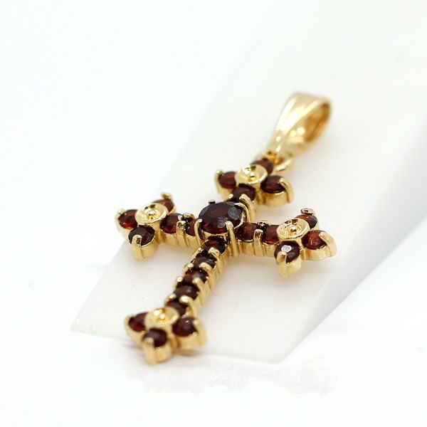 Kreuzanhänger 585er Gelbgold mit Granat Besatz (25004)