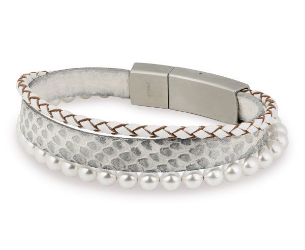 Armrband Edelstahl Kristallperlen Leder Schlangenoptik 21 cm ES90030290 NEU