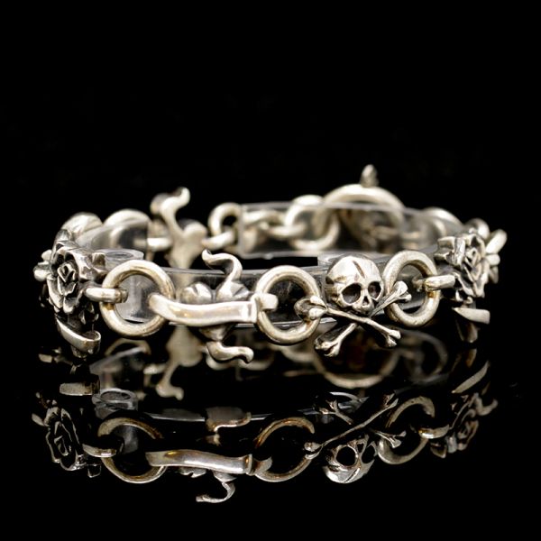 Armband Gliederarmband "SKULL / HEART / ROSES" 925er Silber 210 mm NEU