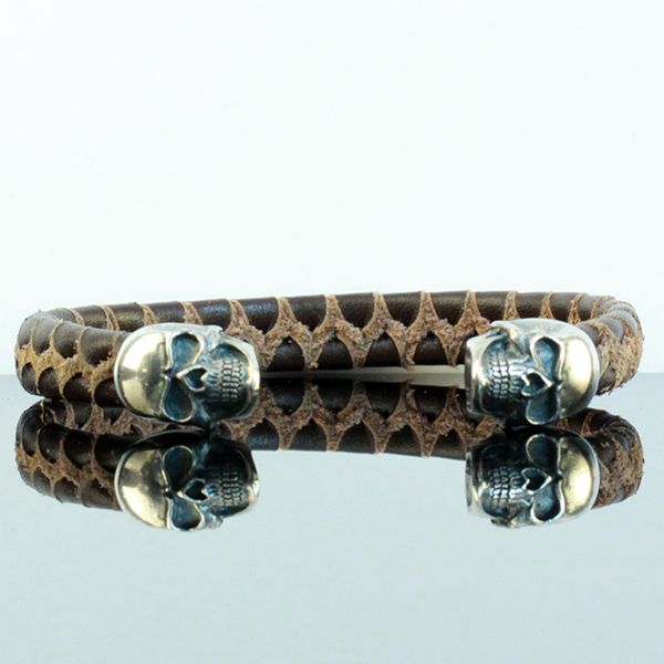 JJJ LA Armspange "SKULL" braunes Leder 925er Silber