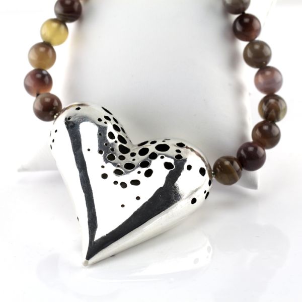 Jaspis Collier mit großen Silberherz Goldschmiedekunst 925er Silber Handarbeit