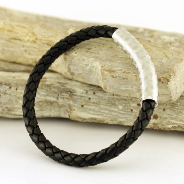 Armband Herren Leder Edelstahl schwarz/Silber 21 cm ST9-117B