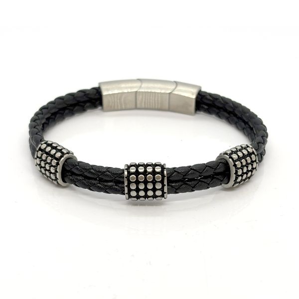 Lederarmband Edelstahl Elemente Leder schwarz 2-Reihig 20 cm + 1 cm 7FB-0385 NEU