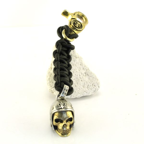 Schlüsselanhänger "Biker Skull Gold" 925er Silber schwarzes Kalbsleder Bronze vergoldet