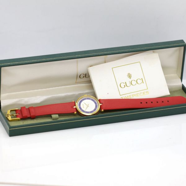 GUCCI Damen Armbanduhr Quarz IP Gold emailliert Blau Rot (11371)