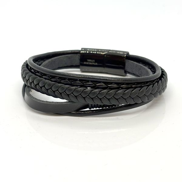 Armband 5-Reihig Leder schwarz Edelstahl Magnetschließe 21,5 cm NEU