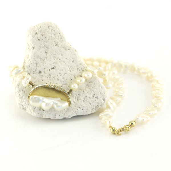 Collier Süßwasser Zuchtperle Barock 585er Gelbgold Diamanten Goldschmiedearbeit (3494)