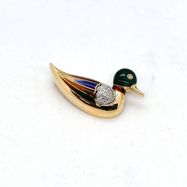 Vhernier Brosche Erpel 750er Gold mit Emaille und Diamanten (22274)
