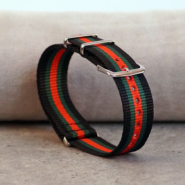 Uhrenarmband Durchzugsband Textil Nylon schwarz/grün/rot 20 mm