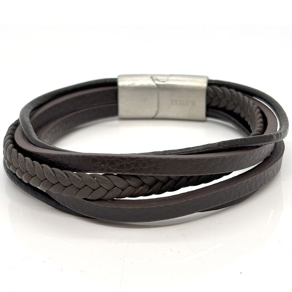 Armband 5-Reihig Leder schwarz Edelstahl Magnetschließe 23 cm NEU