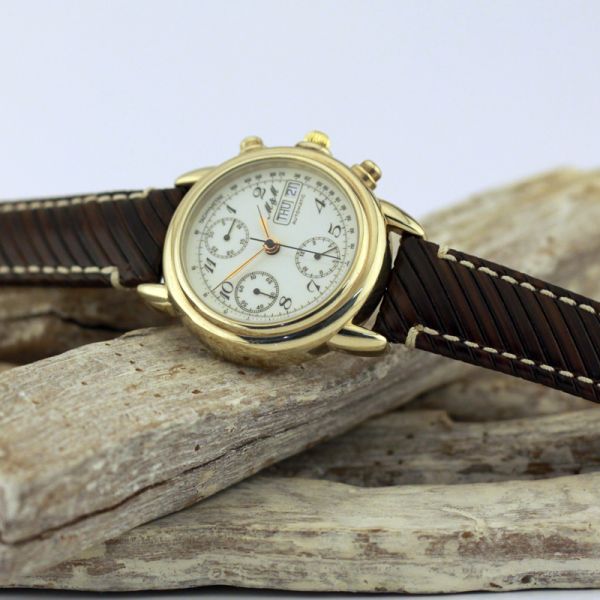 M & M Herren Armbanduhr Automatik Edelstahl vergoldet Valjoux 7750 (1452)