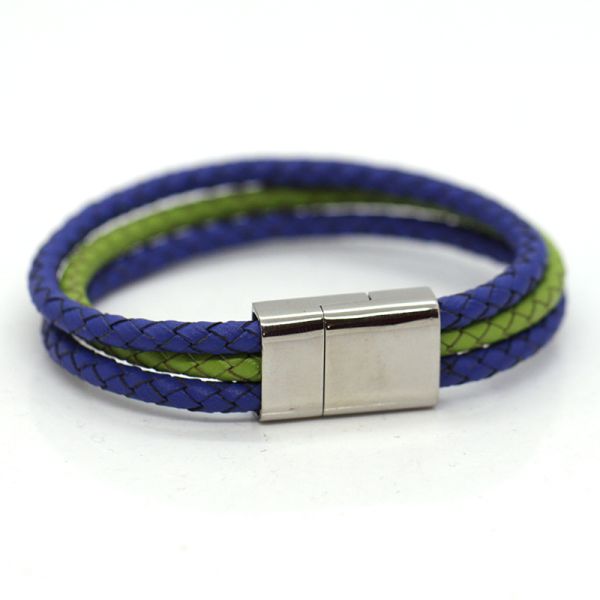 Lederarmband blau/grün geflochten Edelstahl Magnetschließe 20 cm NEU