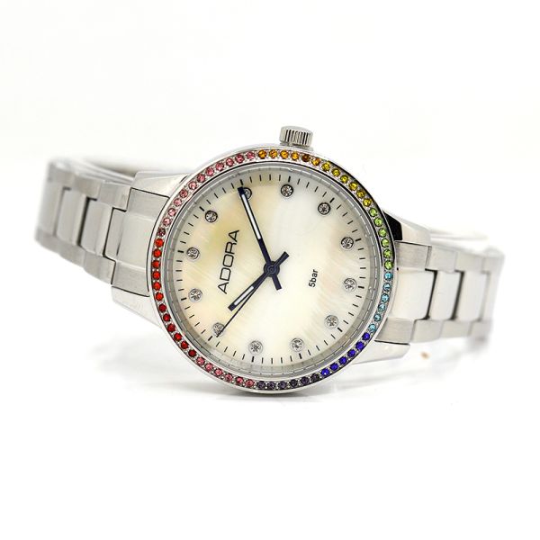 Adora Damen Armbanduhr Edelstahl Rainbow Lünette 5 Bar AT5605 NEU