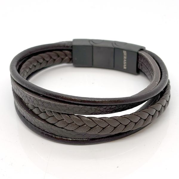 Armband 5-Reihig Leder braun Edelstahl Magnetschließe IP black 19 + 1,5 cm NEU