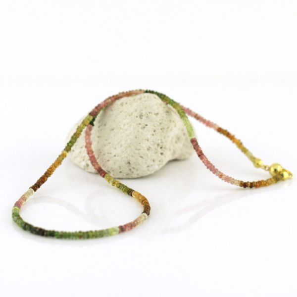 Turmalin Kette Multicolor facettiert 750er Gelbgold Kugel Steckverschluß 45 cm