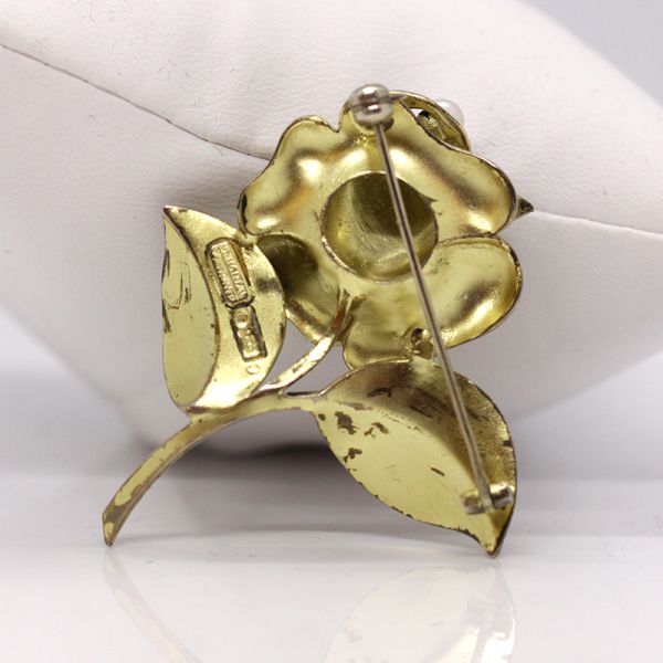 Original Fahrner Brosche 925er Silber vergoldet "Blume" mit Markastite und Perle (18159)