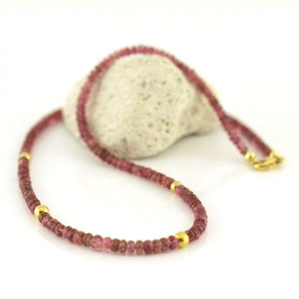 Rubellit Turmalin Kette facettiert 585er Gelbgold Elemente + Karabiner Verschluß 45 cm