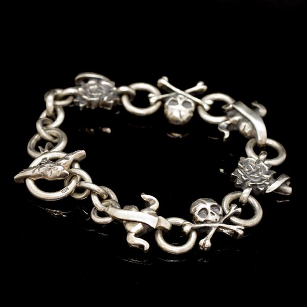 Armband Gliederarmband "SKULL / HEART / ROSES" 925er Silber 210 mm NEU