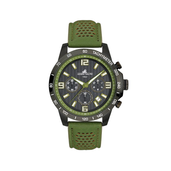 Adora Nautic Herren Chrono IP Black grün Lederband AN2215 NEU