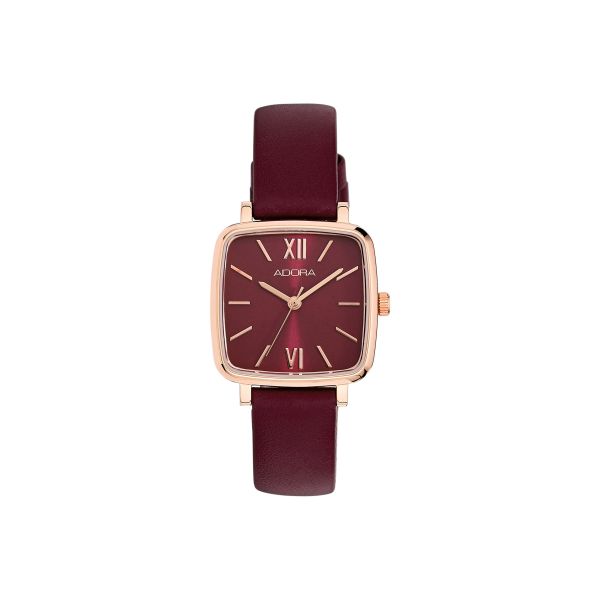 Adora Trends Damen Armbanduhr AT5652 Edelstahl IP Roségold rotes Lederband NEU