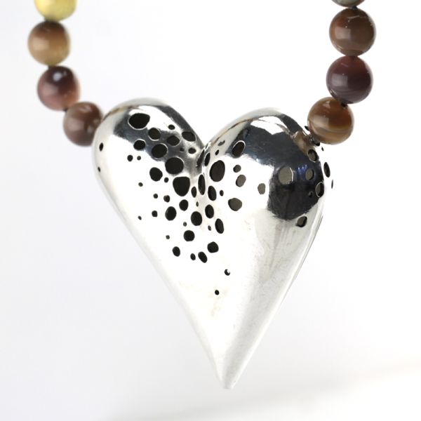 Jaspis Collier mit großen Silberherz Goldschmiedekunst 925er Silber Handarbeit