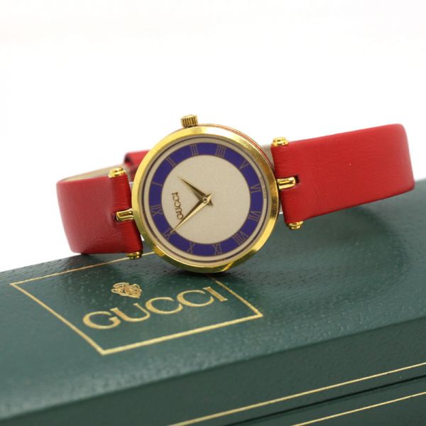 GUCCI Damen Armbanduhr Quarz IP Gold emailliert Blau Rot (11371)
