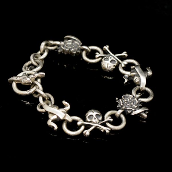 Armband Gliederarmband "SKULL / HEART / ROSES" 925er Silber 210 mm NEU