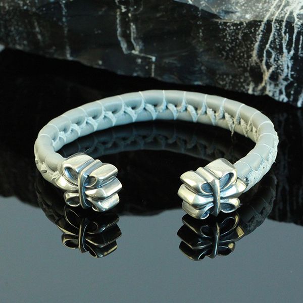 JJJ LA Armspange "FLEUR DE LYS" graues Leder 925er Silber Small