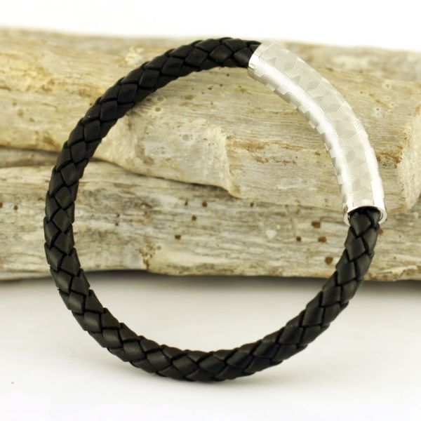 Armband Herren Leder Edelstahl schwarz/Silber 21 cm ST9-117B