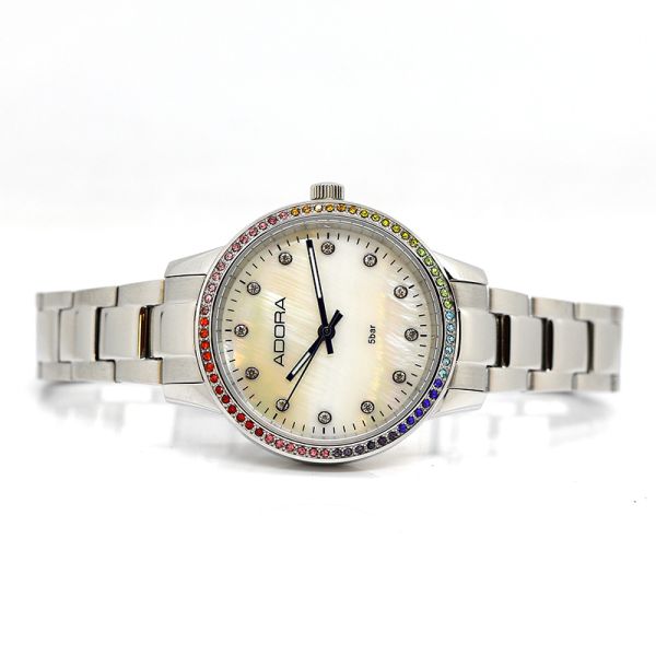Adora Damen Armbanduhr Edelstahl Rainbow Lünette 5 Bar AT5605 NEU