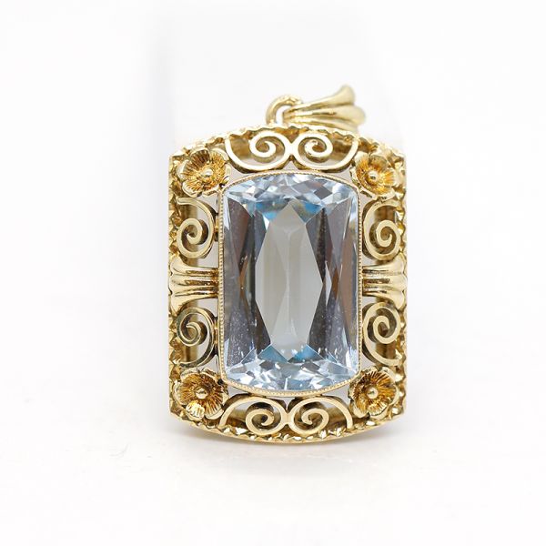 Verspielter Gelbgold 585er Anhänger mit großem Aqamarin (21403)