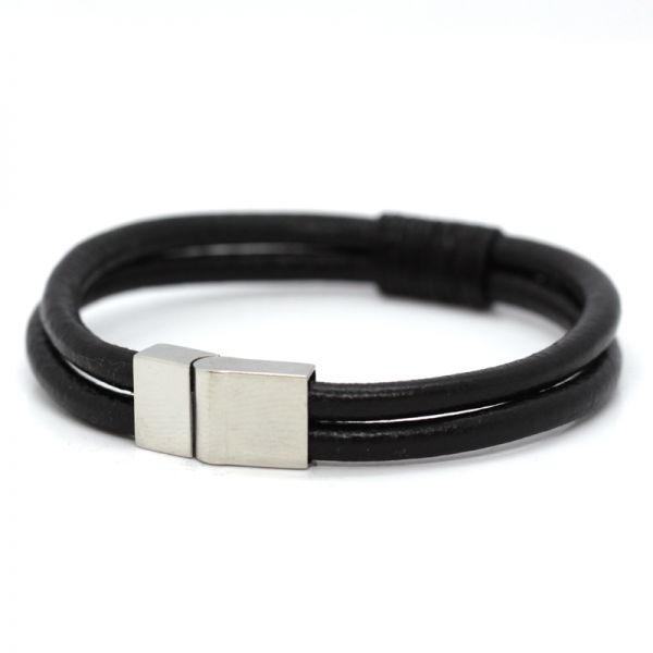 Lederarmband Edelstahl Schließe Leder schwarz 20 cm NEU