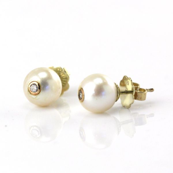 Perl Diamant Ohrstecker 585er Gelbgold Akoya Perle Ø 9 mm Einzelanfertigung (8023)
