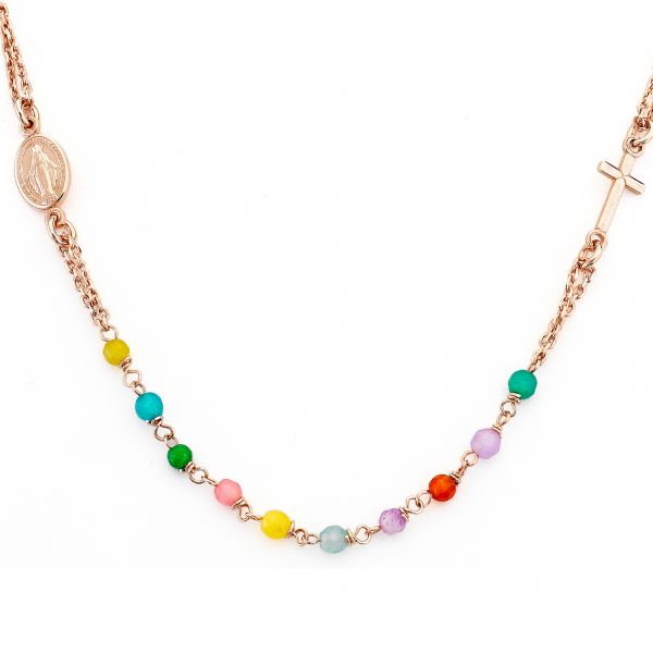 AMEN Collier "Rosario" Rosenkranz 925er Silber Roségold rhodiniert Multicolor Jade CRORM3P