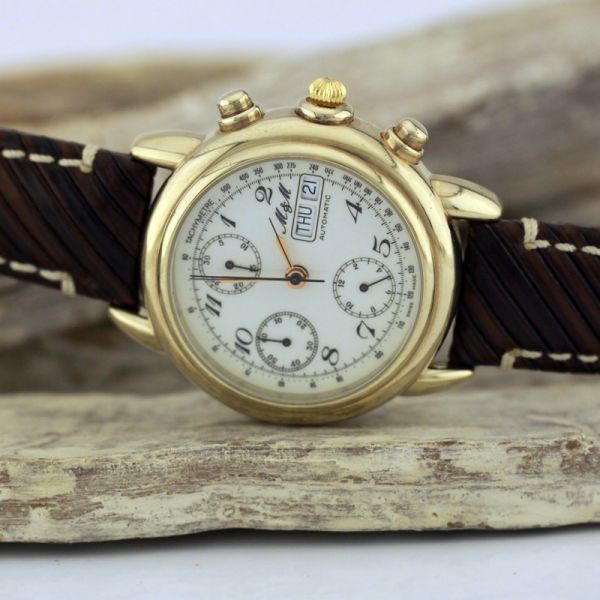 M & M Herren Armbanduhr Automatik Edelstahl vergoldet Valjoux 7750 (1452)