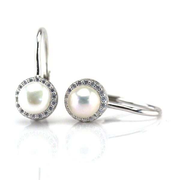 Ohrhänger Rund 925er Silber rhodiniert SWZ Perle funkelnde weiße Kubic Zirkonia