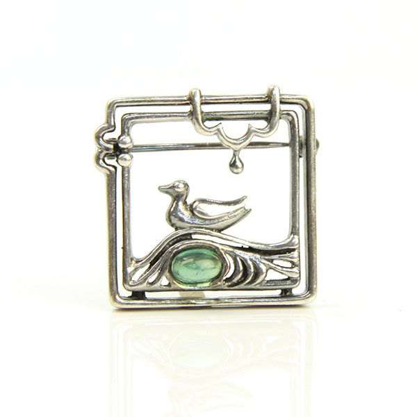 Antike 925er Silberbrosche "Ente" grüner Farbstein