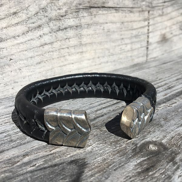 JJJ LA Armspange schwarzes Leder 925er Silber 20 mm Breit, 195 mm Lang