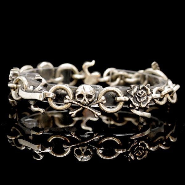 Armband Gliederarmband "SKULL / HEART / ROSES" 925er Silber 190 mm NEU