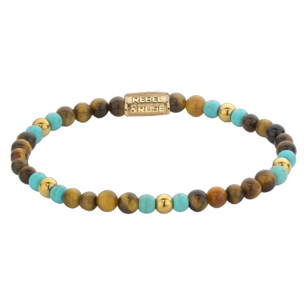 Rebel & Rose Armband "Mix Tiger Turquoise - 18 ct yellow gold ionplated" 4 mm RR-40063-G-S 16,5 cm N