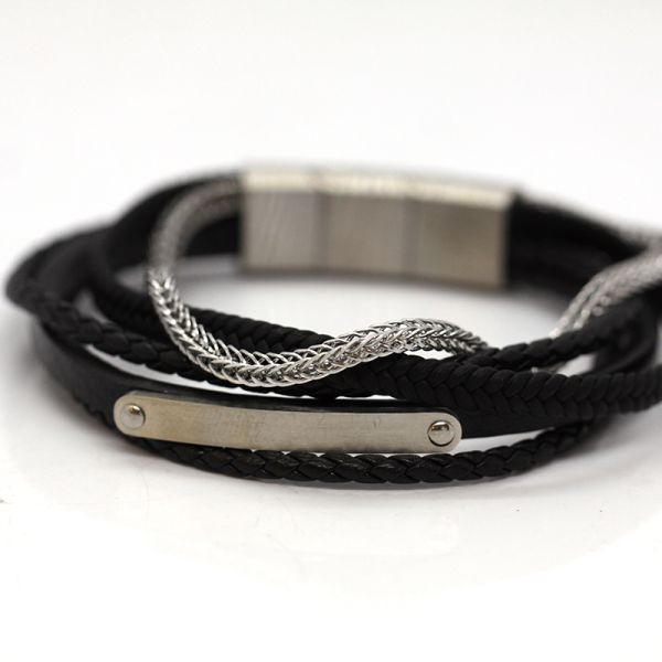 Armband 5-Reihig Leder Edelstahl Gravurplatte Magnetschließe 21 cm NEU