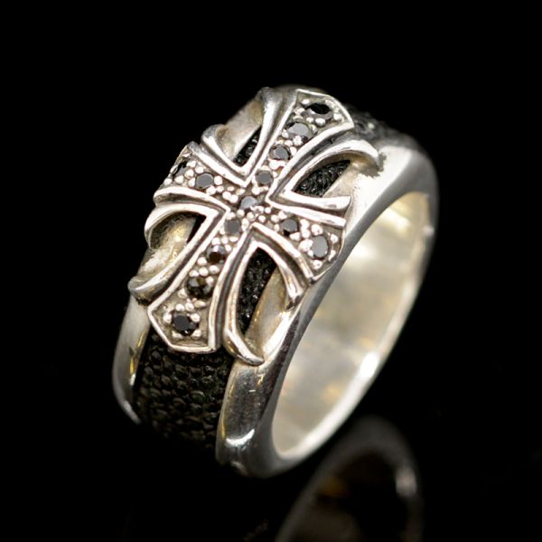 Ring "BIG CROSS" 925er Silber Onyx Rochenleder Gr 70 by JJJ LA NEU