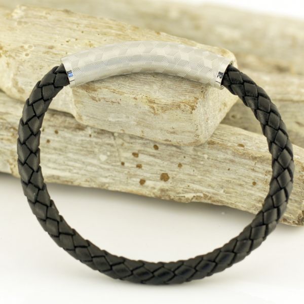 Armband Herren Leder Edelstahl schwarz/Silber 21 cm ST9-117B