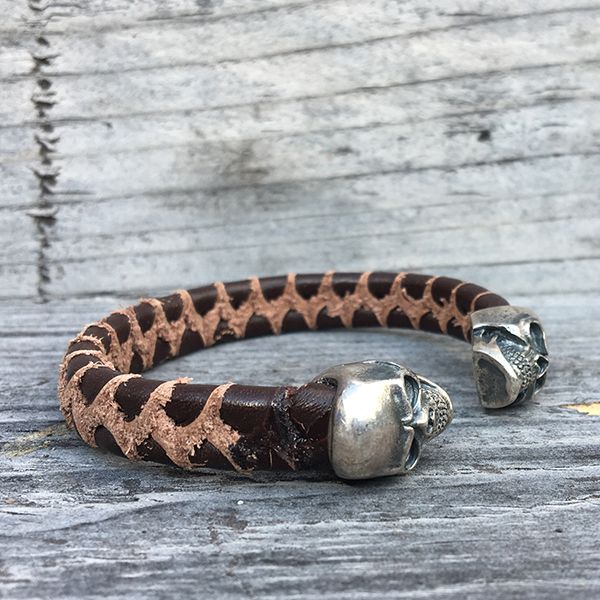 JJJ LA Armspange "SKULL" braunes Leder 925er Silber