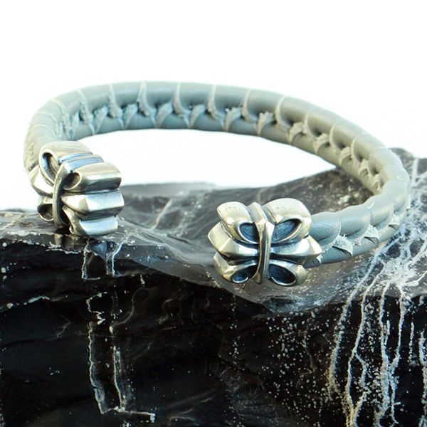 JJJ LA Armspange "FLEUR DE LYS" graues Leder 925er Silber Small