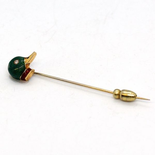 Anstecknadel Erpel 750er Gelbgold emalliert1 Diamant im Brillantshliff (22833)